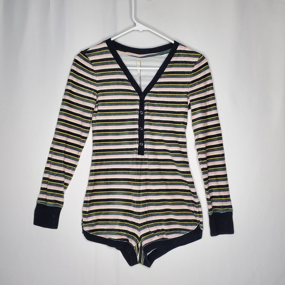 LLD Striped Velour Bodysuit Jrs XS Henley Snap V-Neck Pink Green Black Long Slv